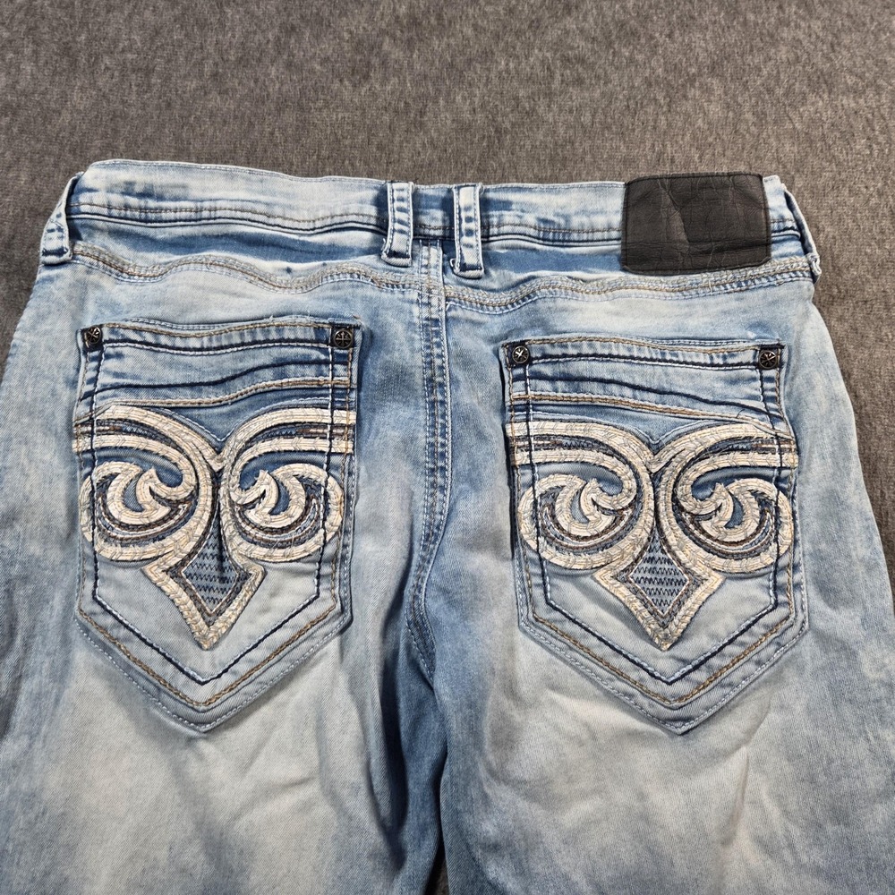 Affliction Gage Jeans Mens 33x32 Blue Light Wash Distressed Embroidered Stretch